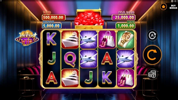 Jackpot VIP base game screenshot showing reels and features