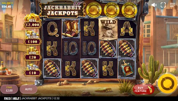 Jackrabbit Jackpots base game screenshot showing reels and features