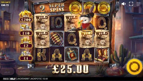 Screenshot of Jackrabbit Jackpots slot demo showing reels and bonus game features