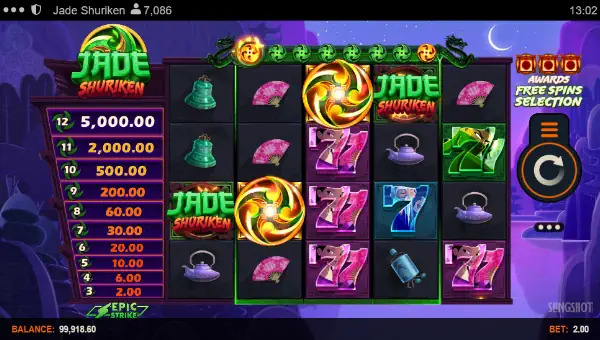 Jade Shuriken base game screenshot showing reels and features
