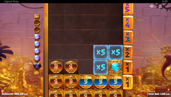 Screenshot of Jaguar Drop slot demo showing reels and bonus game features