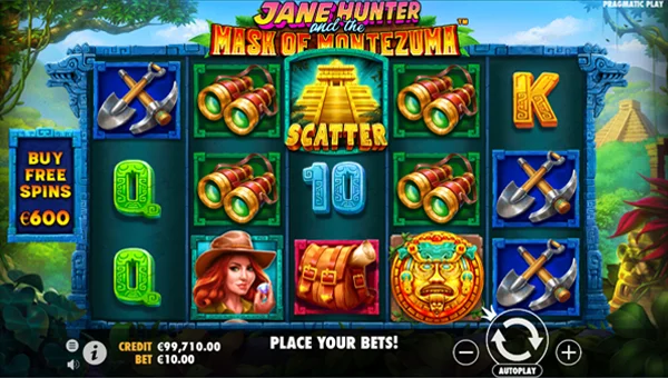 Jane Hunter and the Mask of Montezuma base game screenshot showing reels and features