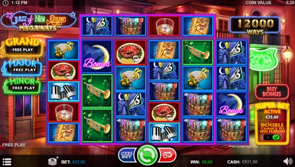 Jazz of New Orleans Megaways base game screenshot showing reels and features