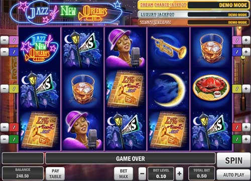 Jazz of New Orleans base game screenshot showing reels and features