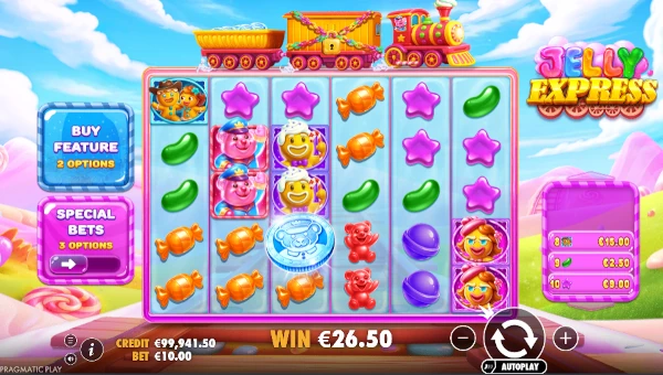 Jelly Express base game screenshot showing reels and features