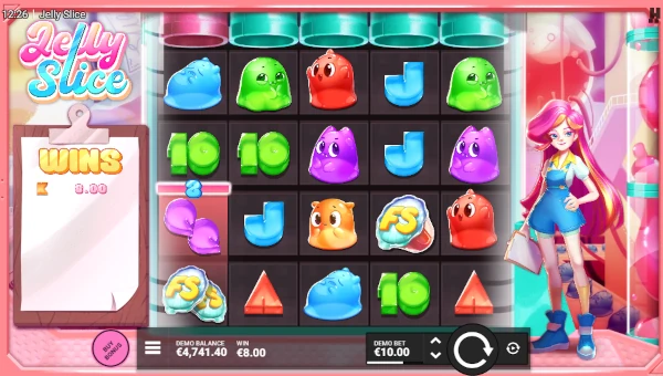 Jelly Slice base game screenshot showing reels and features