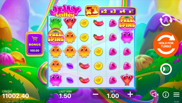 Jelly Valley base game screenshot showing reels and features