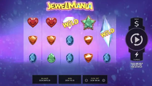 Jewel Mania base game screenshot showing reels and features