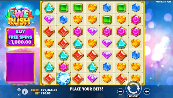 Jewel Rush base game screenshot showing reels and features
