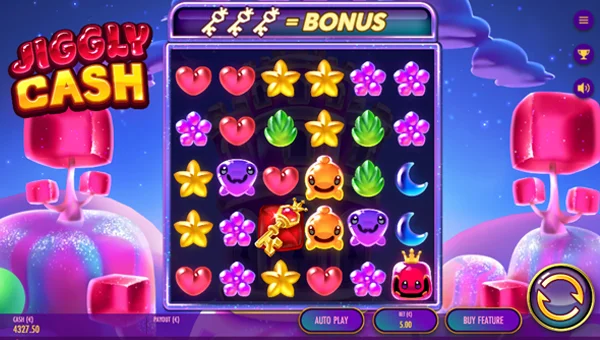 Jiggly Cash base game screenshot showing reels and features