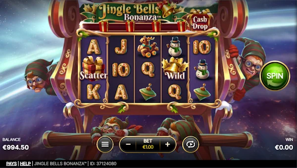 Jingle Bells Bonanza base game screenshot showing reels and features