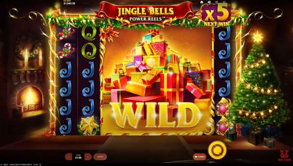 Jingle Bells Power Reels base game screenshot showing reels and features