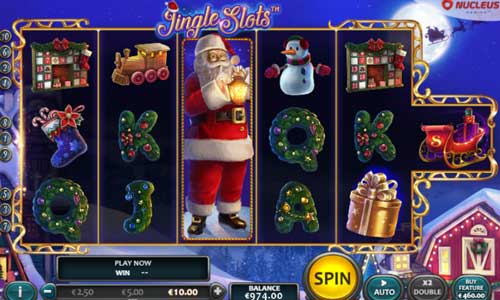 Jingle Slots base game screenshot showing reels and features