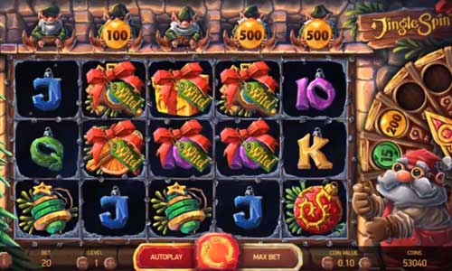Jingle Spin base game screenshot showing reels and features