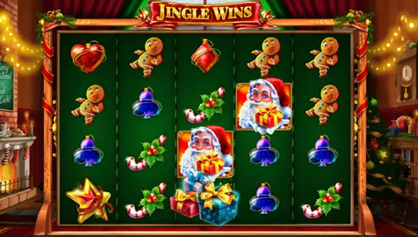Jingle Wins base game screenshot showing reels and features