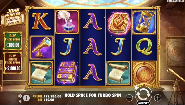 John Hunter and Galileos Secrets base game screenshot showing reels and features
