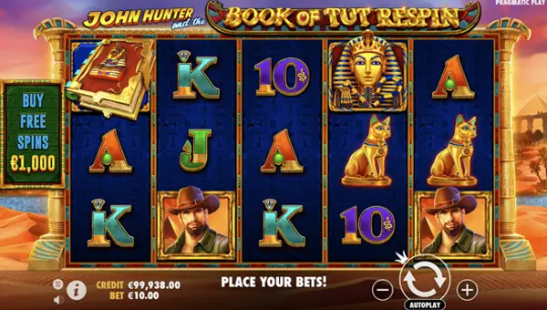 John Hunter and the Book of Tut Respin base game screenshot showing reels and features