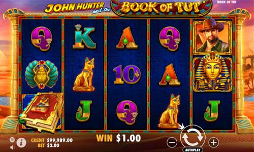 John Hunter and the Book of Tut base game screenshot showing reels and features