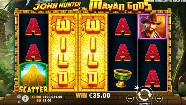 John Hunter and the Mayan Gods base game screenshot showing reels and features
