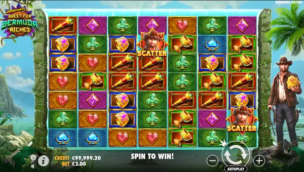 John Hunter and the Quest for Bermuda Riches base game screenshot showing reels and features