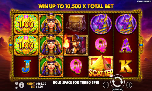John Hunter and the Tomb of the Scarab Queen base game screenshot showing reels and features