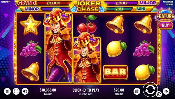 Joker Chase base game screenshot showing reels and features