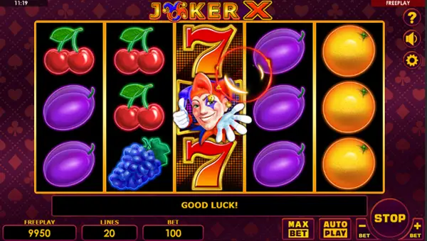 Joker X base game screenshot showing reels and features