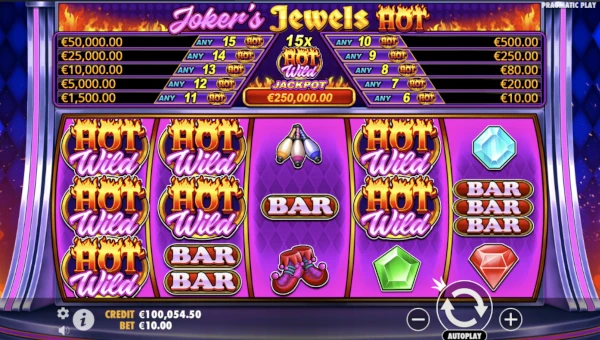 Jokers Jewels Hot base game screenshot showing reels and features