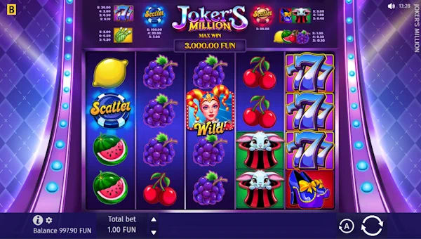 Jokers Million base game screenshot showing reels and features