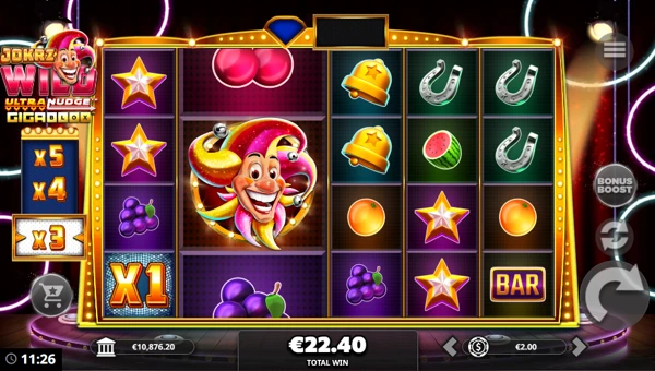 Jokrz Wild UltraNudge Gigablox base game screenshot showing reels and features