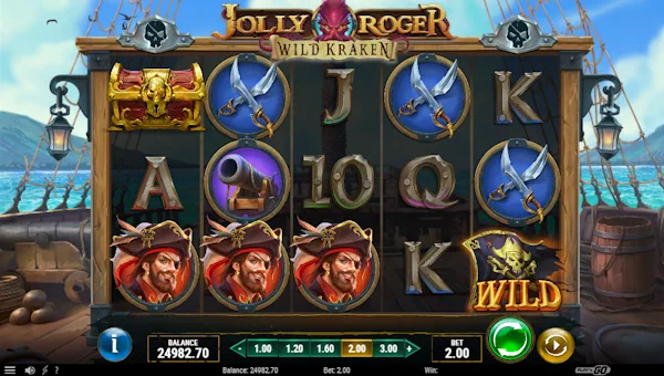 Jolly Roger Wild Kraken base game screenshot showing reels and features