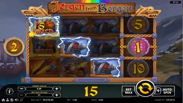 Jorgen from Bergen base game screenshot showing reels and features
