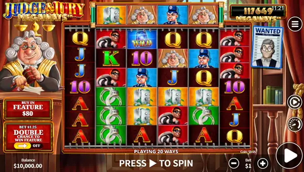 Judge and Jury Megaways base game screenshot showing reels and features