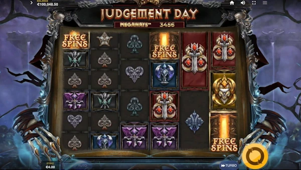 Judgement Day Megaways base game screenshot showing reels and features