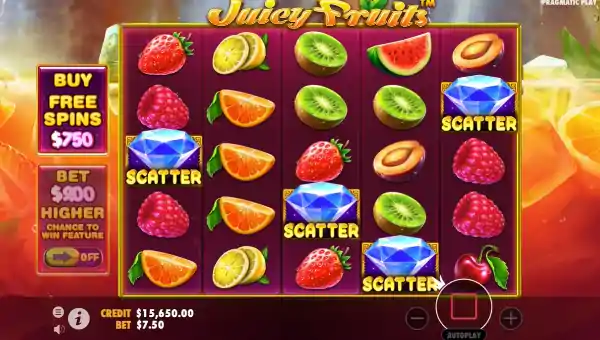 Juicy Fruits base game screenshot showing reels and features
