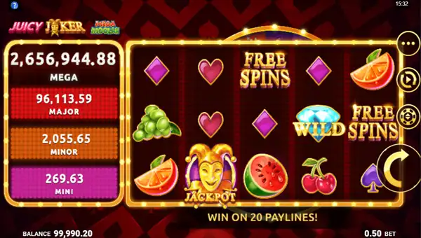 Juicy Joker Mega Moolah base game screenshot showing reels and features