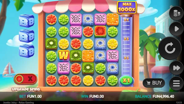 Jumbo Juicy base game screenshot showing reels and features
