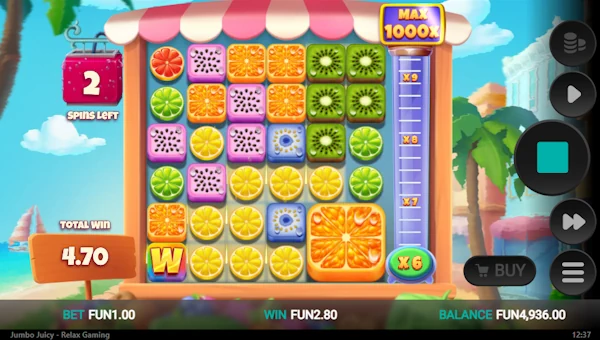 Screenshot of Jumbo Juicy slot demo showing reels and bonus game features