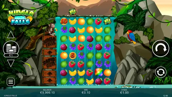 Jungle Falls base game screenshot showing reels and features