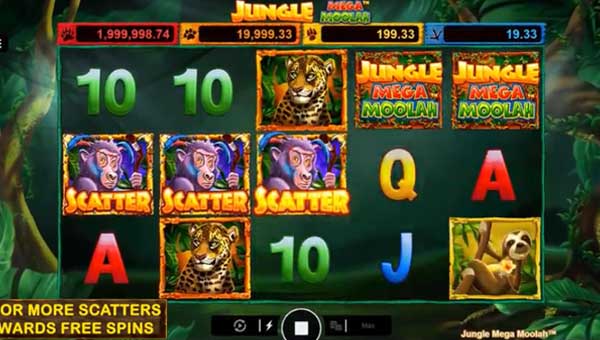 Jungle Mega Moolah base game screenshot showing reels and features