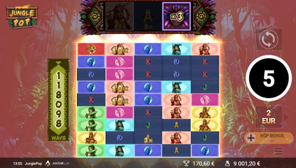 Screenshot of JunglePop slot demo showing reels and bonus game features
