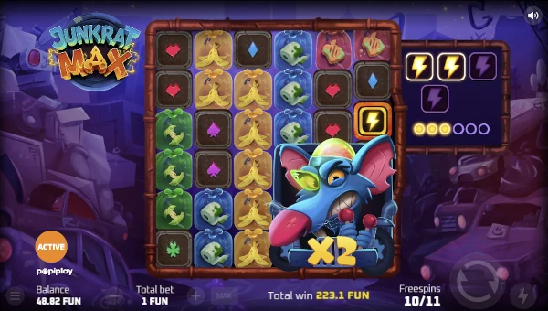 Screenshot of Junkrat Max slot demo showing reels and bonus game features
