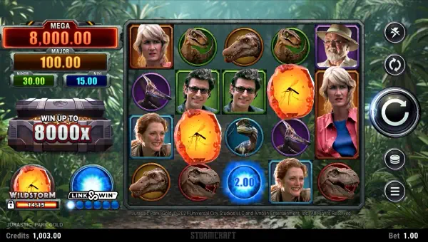 Jurassic Park Gold base game screenshot showing reels and features