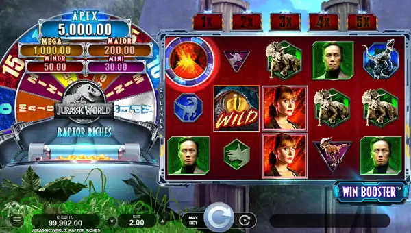 Jurassic World Raptor Riches base game screenshot showing reels and features