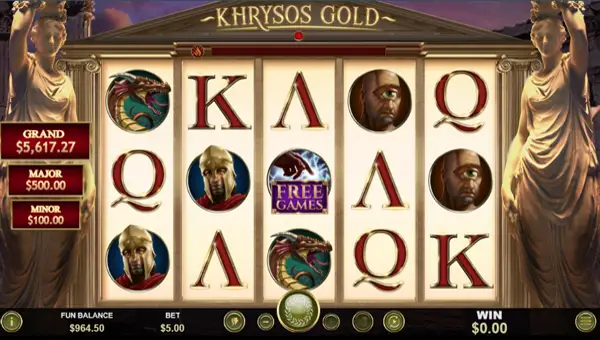 Khrysos Gold base game screenshot showing reels and features
