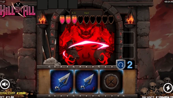 Screenshot of Kill Em All slot demo showing reels and bonus game features