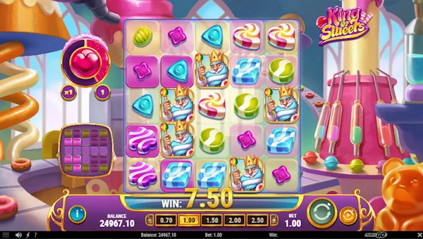Screenshot of King of Sweets slot demo showing reels and bonus game features