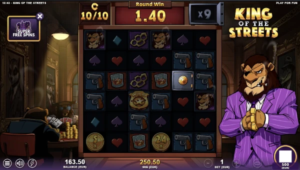 Screenshot of King of the Streets slot demo showing reels and bonus game features