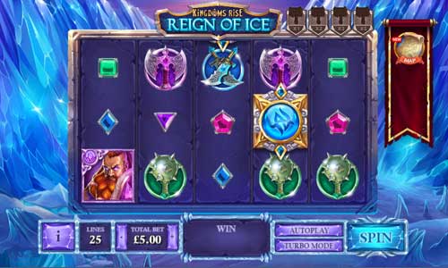 Kingdoms Rise Reign of Ice base game screenshot showing reels and features