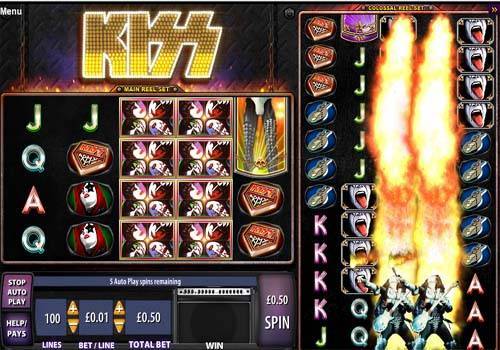 Kiss base game screenshot showing reels and features